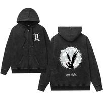 Washed Retro Death Note Zip-Up Hoodie for Men & Women Large black