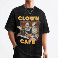 Terrifier Clown Cafe Art the Clown T Shirts Washed Short Sleeve Street T-Shirts Halloween Casual Men Women Streetwear Tees L black