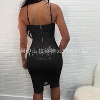sexy collar sling zipper, split hem, dress, nightclub dress XL juoda