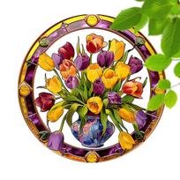 2D Flat Bright Tulip Bouquet -Stained Glass Effect Acrylic Wall Hanging, Colorful Flower Design, Classic Style Home Decor for Living Room or Office 20*20cm yellow