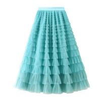 WoMan's Sweet Black White Tutu Skirts Tulle Cake Long Skirt WoMan Spring Summer Ruffle Pleated A-Line Chic Skirt M ežero mėlyna spalva