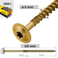 6x60 koka konstrukciju skrūve, torx ar flanca galvu T30 (100)