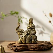 Buddha on Elephant Figurine CarvedStyle Statue with Compact Mindful Tabletop auksas