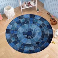 Blue Mosaic Tile Effect Round Floor Mat, Geometric Concentric Circle Design for Modern or Coastal Home Decor Diameter 100cm gray