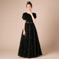 Big Kids Girls Velvet Puff Sleeve Princess Formal Performance Party Dress 110 juoda