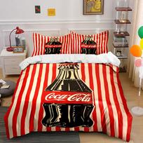 Coca-Cola Bottle on Red Striped Background Print Bedding Set Duvet Cover Pillowcases (1* Duvet Cover 2* Pillowcases Do Not Include Comforter) 200x200cm