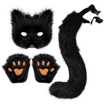 Pūkuota Kailinė Lapės Uodega Katės Letenos Pirštinės ir Veido Kaukė Cosplay Kostiumas Vilko Terianas Kaukės Rinkinys Helovino vakarėlio Aksesuarai One Size black