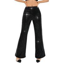 Women High Waist Sparkling Pants Wide Leg Flared Trousers Sequin Bling Party Slacks L juoda