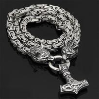 Šiaurės vilko vyriškas karoliai Vikingų vilko galvos pakabukas Nerūdijančio plieno skandinaviškas amuletų papuošalas Skandinaviškų runų aksesuarai 50cm gray