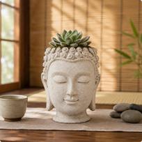 Buddha Head Planter Creative Design Zen Head Planter Buddha Face Flower Pot Resin Look Home Decor for Garden brown