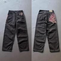 GLYDE Y2K Baggy Jeans Cherry Blossom Selvedge Embroidery Denim Pants Men Women Denim Fabric American Hiphop Streetwear Wide Leg Jeans XL gray