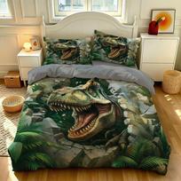Jurassic T-Rex Duvet Cover Set 3 Piece Green Jungle Dinosaur Print Bedding Set with Pillowcases for Boys Room 150*200cm/59x79in Single/Twin 3pcs