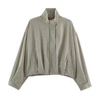 Women's Casual Long Sleeve Stand Collar Plaid Jacket Outerwear for Everyday Wear M chaki