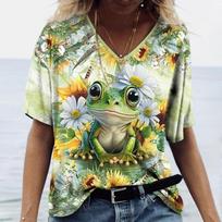Ladies T-Shirt Frog And Floral Pattern Printing Outdoor Retro Fashion Casual Oversized T-Shirt Summer Women Clothings XL beige