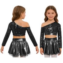 Kids One Shoulder Sequins Top and Metallic Tutu Skirt Set Long Sleeve Elastic Waistband Jazz Dance Costume for Competition Stage 5-6 Years brown