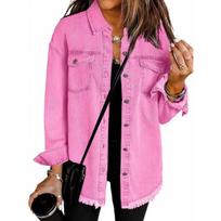 Autumn Winter Women's Washed Denim Shirt Jacket, Raw Edge Hem Street Style Coat with Vintage Finish, Oversized Shacket for Casual Wear XXL rožinė raudona spalva