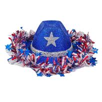 Glitter Cowboy Hat with Star Patch and Festive Fringe Trim for Patriotic Themed Parties and Celebrations One Size blue