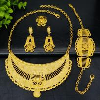 Nigeria-Dubai 24K Gold Bridal Jewelry Set: Necklace, Bracelet, Earrings & Ring 24K Gold Plated black