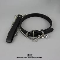 Classic Black Leather Choker with Bell and Leash for Men Punk Necklace Cosplay black
