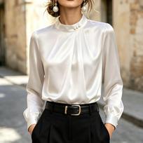 Women's Satin Beaded Mandarin Collar Blouse XXL balta
