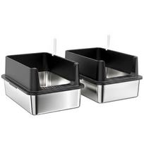 2 Piece Set Cat Litter Box Stainless Steel XL With High Rim Lid 60x40x30cm