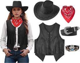 Moterų Vyrų Kaubojės Kostiumas Vakarų Liemenė Skrybėlė Diržas Bandana Rinkinys Kaubojui Kutai Kutai Liemenė Helovino Apranga Laukinių Vakarų Cosplay XXL black