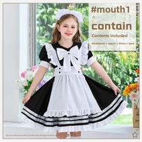Girls Lolita Maid Costume Dress with Headwear, Apron, Bow - Black/White Polyester 160cm gray