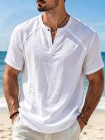 Men's Short Sleeve Textured Henley Shirt with Mandarin Collar and Button Placket - Lightweight Summer Beach Vacation Casual Top for Men. US L 70-80 KG balta
