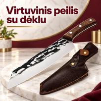 Kokybiškas masyvus kapoklės tipo peilis su odiniu dėklu