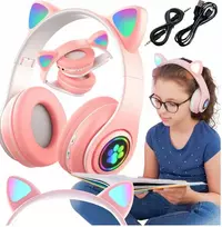 Universalios belaidės ausinės vaikams su katės ausimis, LED, bluetooth, spalva: rožinė