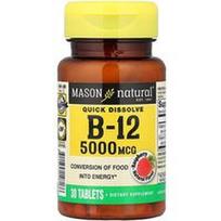 Mason Natural, Greitai tirpstančios, vitaminas B-12, avietės, 5000 mcg, 30 tablečių