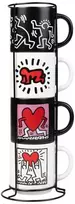 Excellent Houseware Kito prekės ženklo Keith Haring – 4 keraminių puodelių rinkinys su stovu, 300 ml