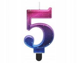 Gimtadienio žvakė "5" - Kosmoso tema, Ombre spalvos, 8 cm