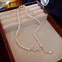 100% Natural Freshwater Pearl Sweet Butterfly Shiny CZ Zircon 14K Gold Filled Female Necklace  For Women Short Chains gray