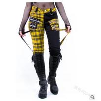 moteriškos Punk languotos patchwork nėriniuotos susiaučiamos siauro kirpimo aptemptos laisvalaikio kelnės gatvės stiliaus kelnės M geltona