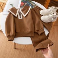 Children's Clothing Sets Lapel Long Sleeve Wide Leg Pants Sets Kids Boutique Clothes Girls 140cm chaki