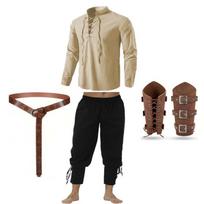 Medieval Pirate Costume Set For Men With Silk Fabric And Leg Striped Pants For Halloween Parties Khaki Top Black,L beige