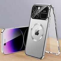 Prabangus aliuminio metalinis magnetinis Magsafe dėklas iPhone 16 15 14 13 12 Pro Max Plus su dideliu stikliniu objektyvo apsaugos dangteliu, skirtu belaidžiam įkrovimui For iPhone 12 Pro sidabras