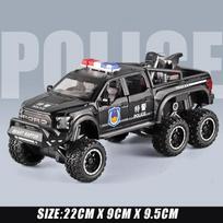 1/24 mastelio Raptor F150 policijos automobilio modelis, lydinio metalinis kėbulas, visureigio papuošalai, kartos garsas ir šviesa, atsitraukiantis žaislas, dovana berniukui gimtadienio proga juoda