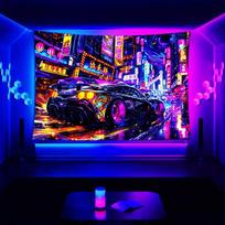 UV Reactive Cyberpunk Tapestry Neon City Street with Racing Car Wall Hanging Decor for Gaming Room Bedroom 130X150CM black