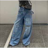 High Waist Straight Leg Casual Jeans Asymmetrical Pocket Street Style Denim Pants 2026 Spring Autumn Solid Color Long Trousers for Women M mėlyna