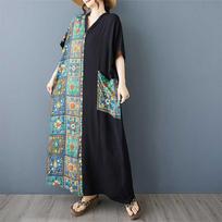 Moteriška Patchwork Juoda Ilga Suknelė Retro Chalatas One size gray