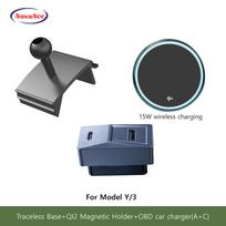 Car Magnetic Wireless Charging Phone Holder For Tesla Model Y Juniper Model 3 Highland 2021-2025 Transparent Base OBD Charger 15W A C 3PCS Y 3 black