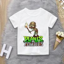 Plants Vs. Zombies Printed Casual T-Shirt for Boys & Girls Short Sleeve Top for Middle School Students Family Matching Outfits 150 white