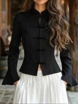 Women's Black Waist-Cinching Stand Collar Frog Button Jacket with Bell Sleeves Large juoda
