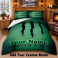 Monster Energy Pattern Bedding 3Pcs Set Custom Name, Bed Sheet And Pillowcases For Home Bedroom 135cmx200cm black