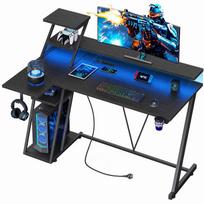 Apverčiamas žaidimų stalas su RGB LED apšvietimu, monitoriaus laikikliu, USB ir AC jungtimis, tvirtu metaliniu rėmu juoda