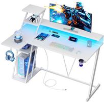Apverčiamas žaidimų stalas su RGB LED apšvietimu, monitoriaus laikikliu, USB ir AC jungtimis, tvirtu metaliniu rėmu balta