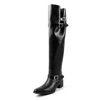 Cowhide Edition~ Retro Skinny Suede Pointed Tall Knight Boots Women's Thick Heel Boots Spice Girl Pleated Pile Boots 42 black