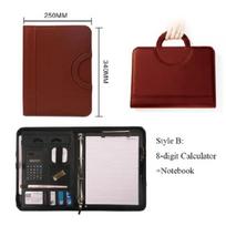 PU leather A4 zipper calculator binder conference file pad folder briefcase tablet portable circular handle file bag Brown-B brown